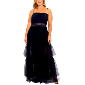 Betsy & Adam Tiered Tulle Ruffle Sheer Witchy Gothic Whimsygoth Blacks Gown 18W
